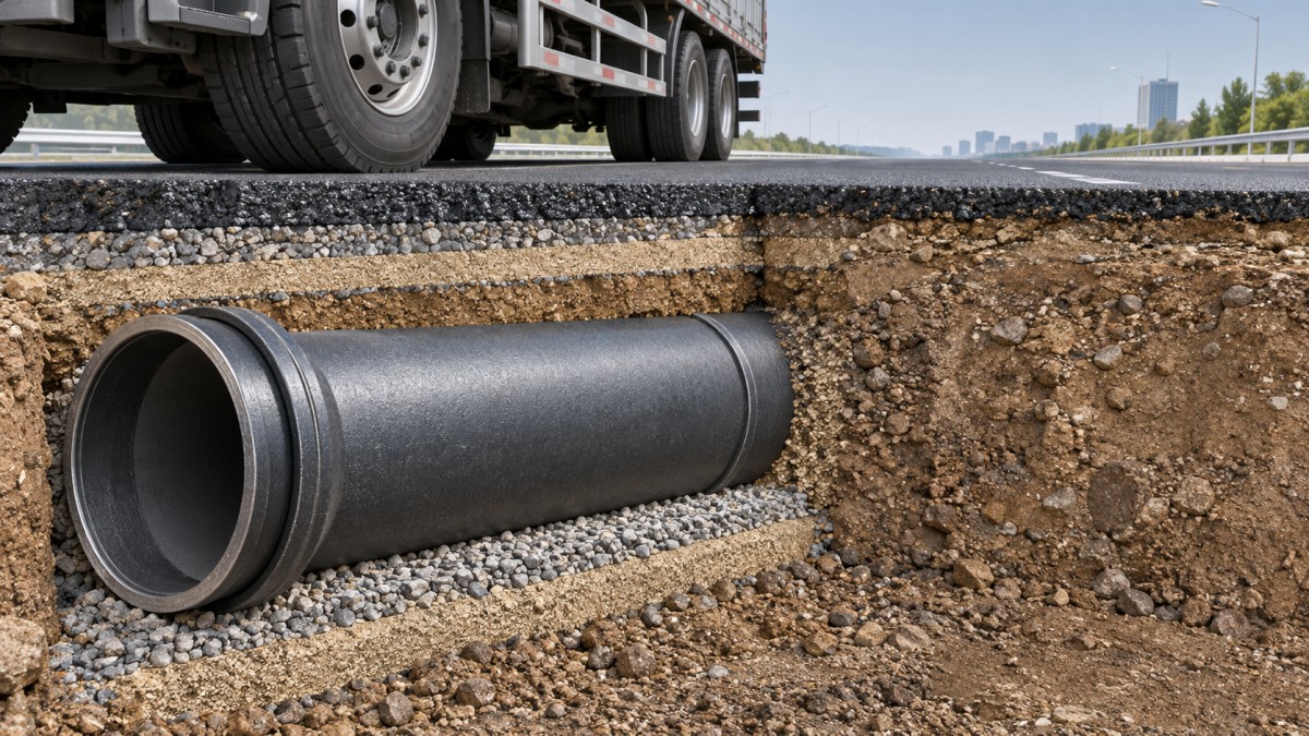 Checking K9 ductile iron pipe for shallow burial under road traffic Проверка труб из высокопрочного чугуна K9 при прокладке на малой глубине под проезжей частью