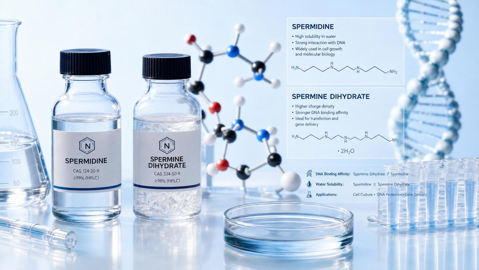 Dihidrato de espermina vs espermidina: qual se encaixa melhor no seu protocolo de pesquisa?