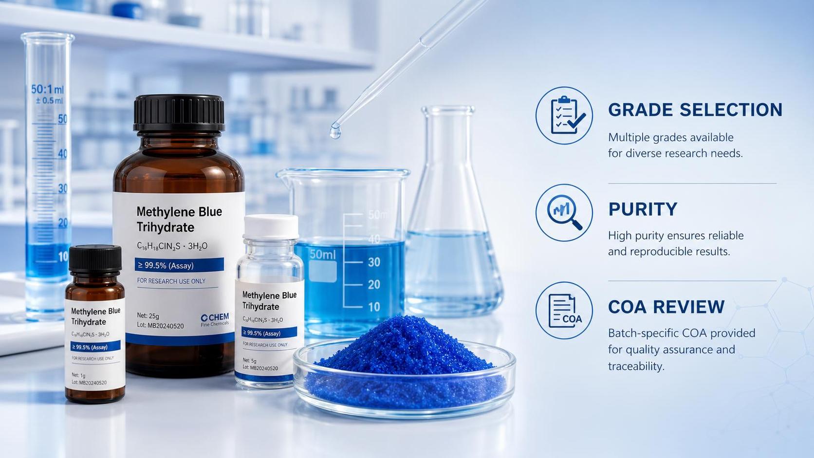 Azul de metileno trihidratado de grado de laboratorio: cómo adaptar el grado a las necesidades de investigación