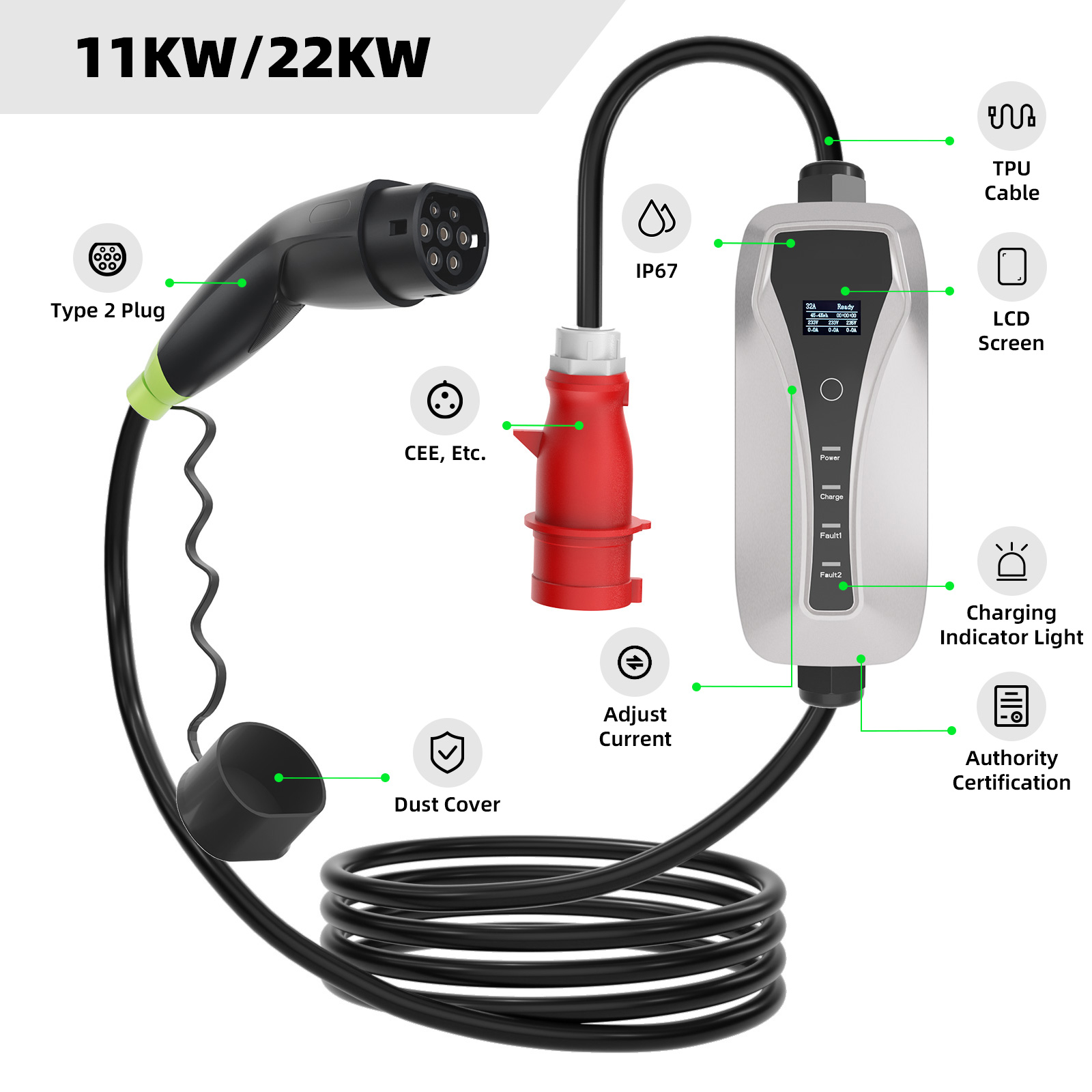 Портативное зарядное устройство для электромобилей Type 2 22kw 3 phase