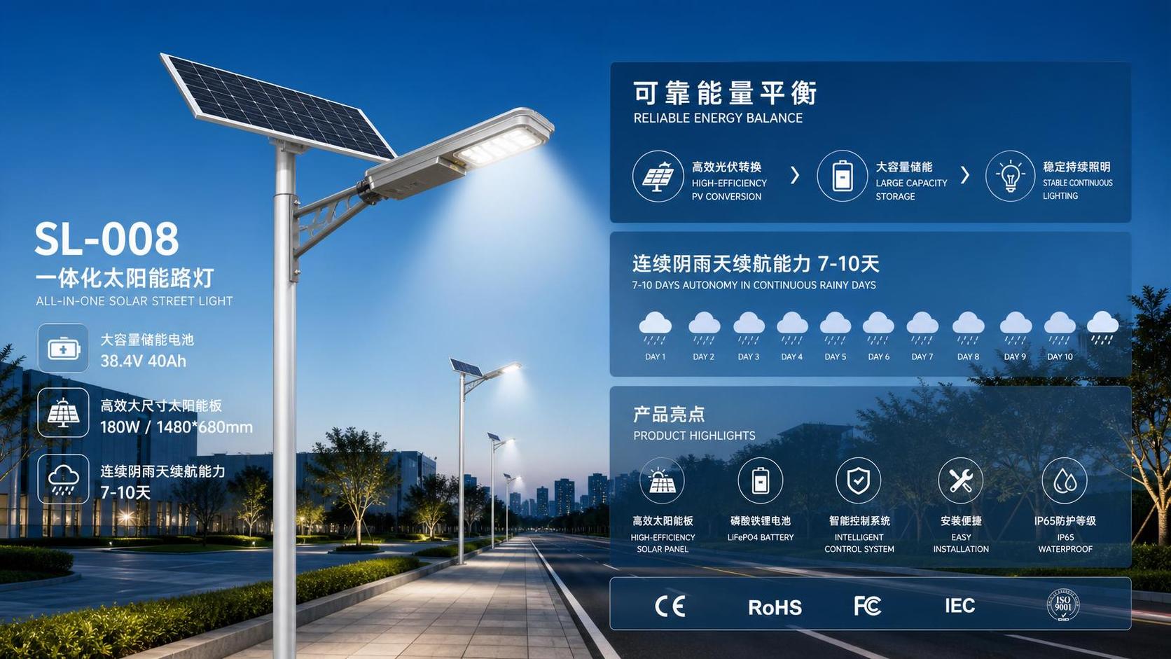 Capacidad de la batería, tamaño del panel solar y días de respaldo en la iluminación solar de calles SL-008