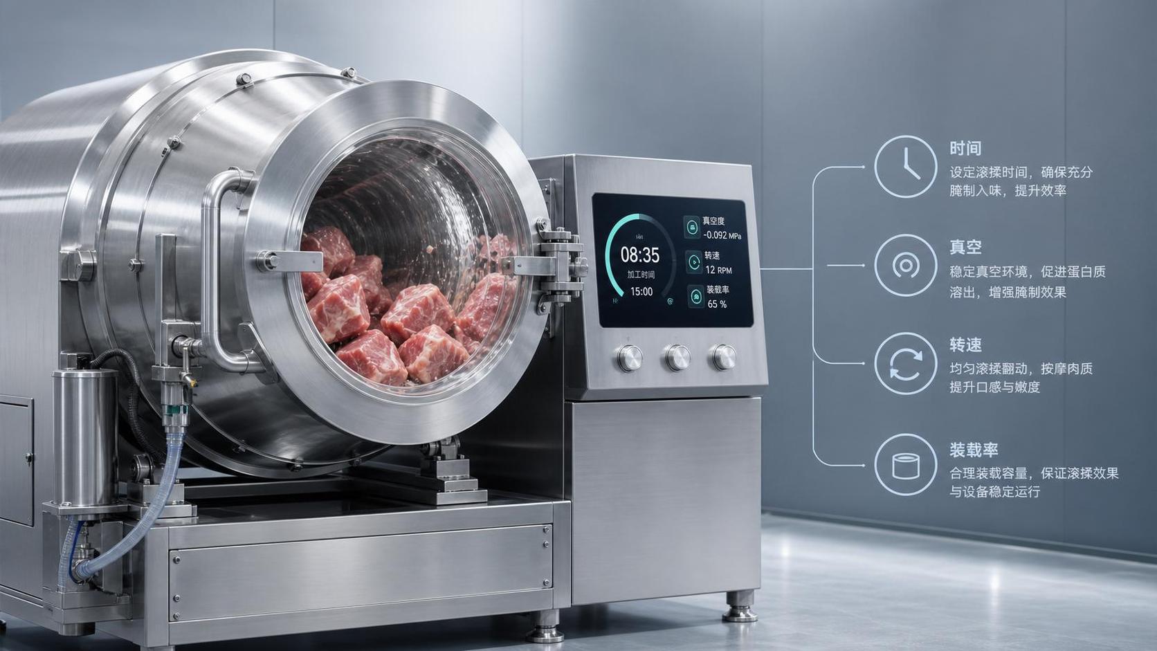 Explicación de los ajustes del volteador de carne: tiempo, vacío, velocidad de rotación y tasa de carga