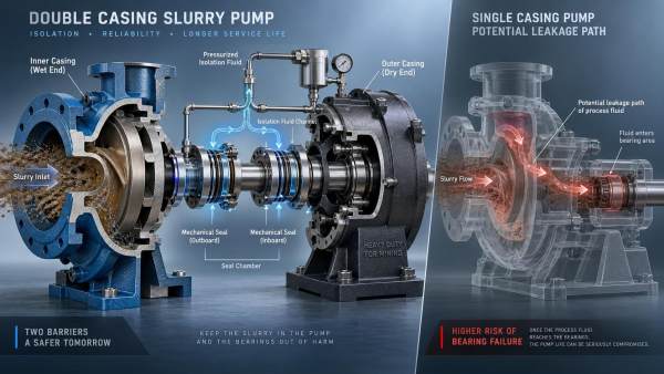 How does a double-housing slurry pump compare to single-housing models in reliability and service access?