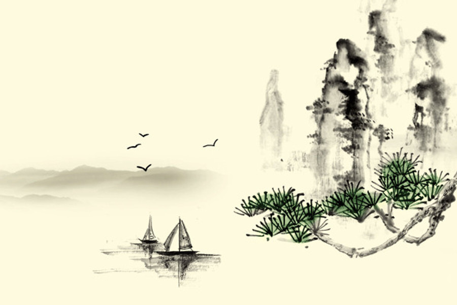 山水画,水墨画,中国风,船,飞鸟.jpg