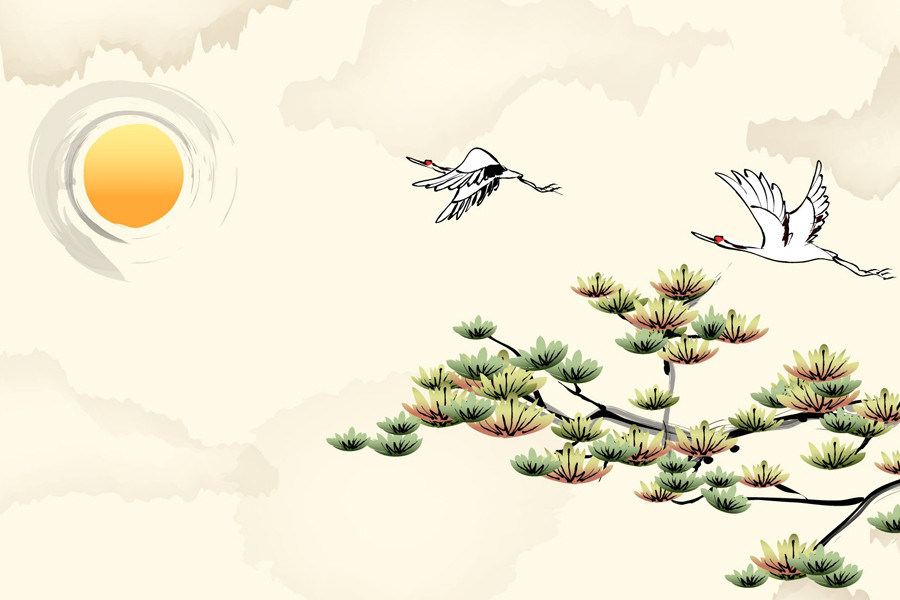 日出,中国风,白鹭,鸟,枝头,风景.jpg